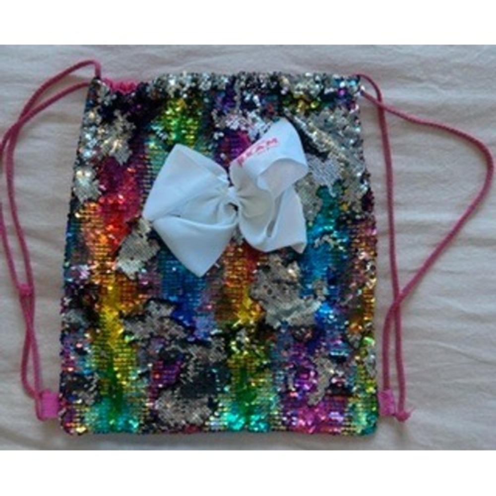 JoJo Siwa DREAM The Tour Rainbow Flip Sequin Drawstring Bag with White Bow Pink